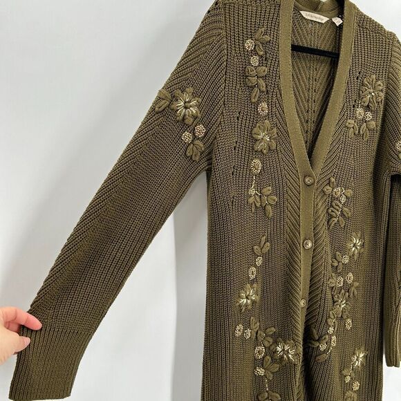 SOFT SURROUNDINGS Green Knit Embroidered Beaded Long Cardigan Sweater Medium - Picture 7 of 9